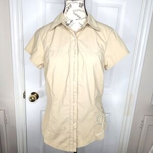 Merrell Women's Cream Short Sleeve Button Down Shirt Teal Accents Size M